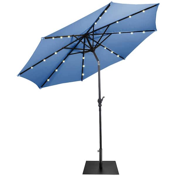 Costway 9 ft. Market Patio Umbrella in Blue with Solar Lights and 40 lbs. Steel Umbrella Stand