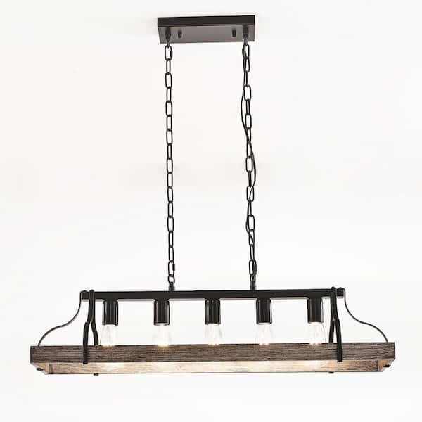 PUDO 33.7 in. 5-Light Walnut Modern Industrial Pendant Light with Adjustable Chain