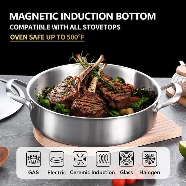 Lynzavix 12 qt. Tri-Ply Stainless Steel Saute Pan with Lid and 8