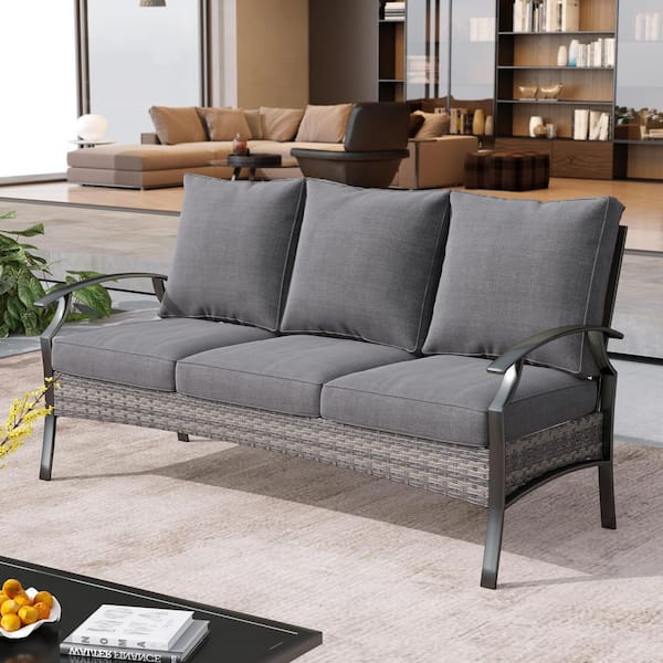 Black Metal Outdoor Patio 3-Seat Sofa Couch with Gray Cushions