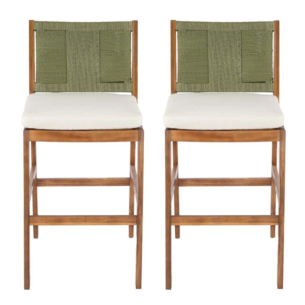 Outdoor Acacia Wood Bar Stools (Set of 2), Teak Finish Bar Height Chairs with Cream Cushion & Green Wicker Back price history on PriceWatchPro