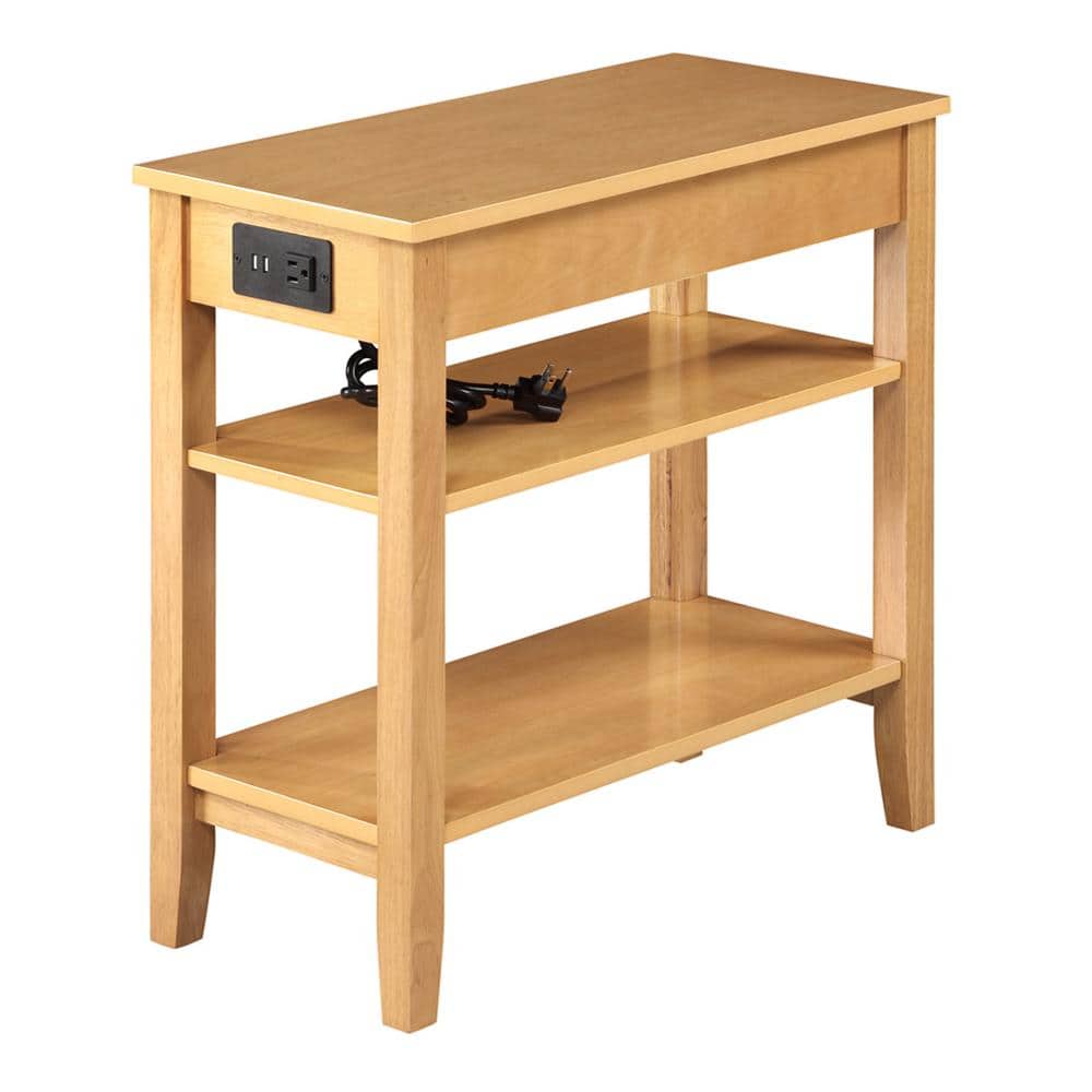 Natural Rubberwood End Table with Charging Station and Shelves