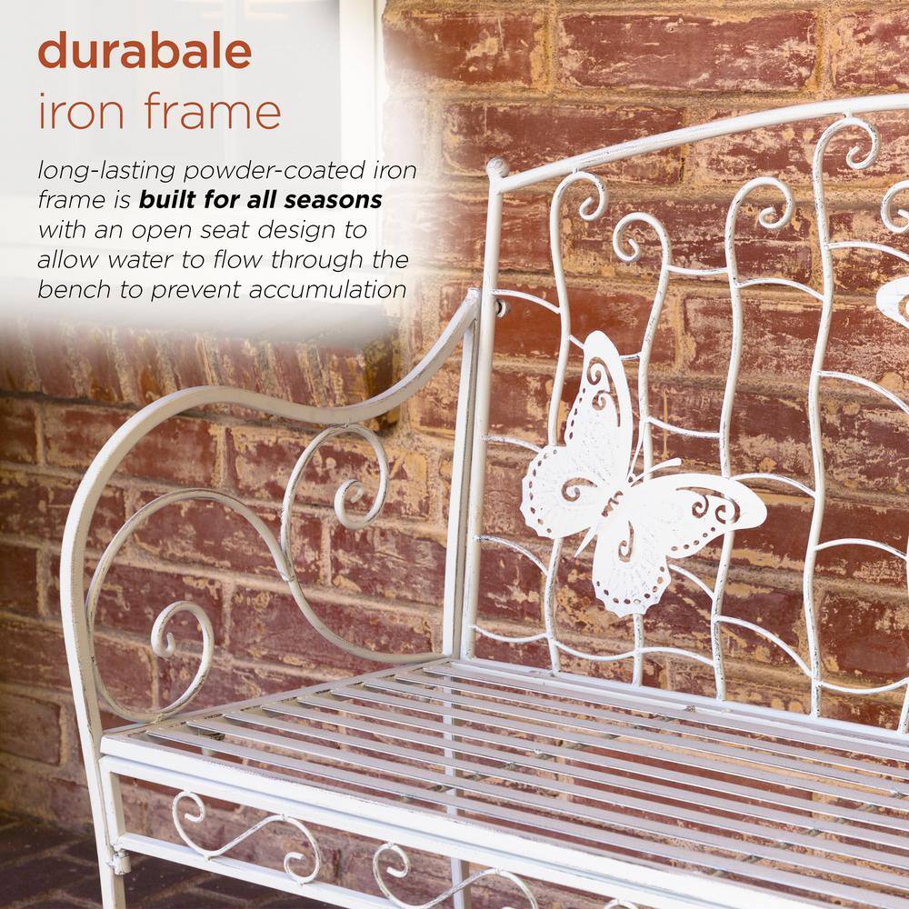 White Metal Butterfly Backrest Garden Bench, 43"