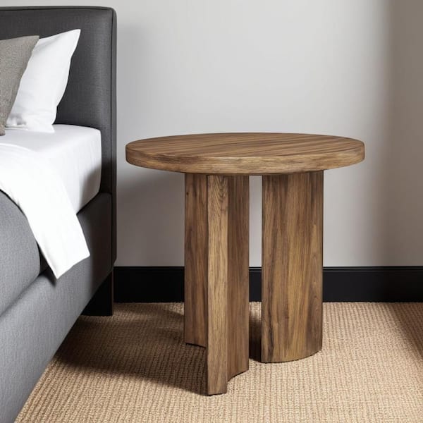 Benjara Anny 24 in. Warm Brown Round Wooden End Table with Curved Plinth