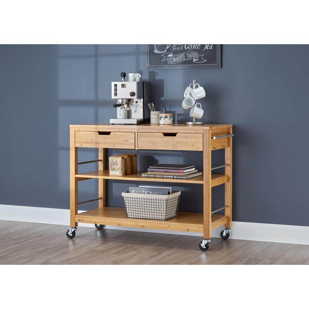 Sleek 48" Bamboo and Stainless Steel Kitchen Island with Casters
