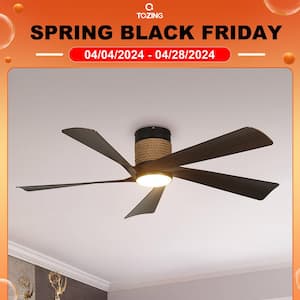 52 in. Smart Indoor Black Wood Rope Low Profile Standard Flush Mount Ceiling Fan Light with LED with Remote Control