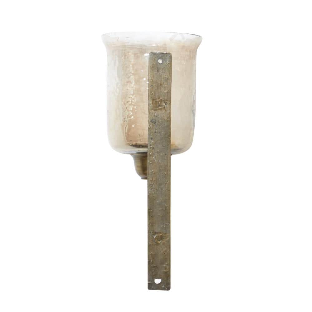 Bronze Geometric Handmade Pillar Wall Sconce with Amber Glass, 7" x 9" x 17"
