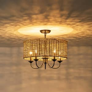 Eden 5-Light Boho Farmhouse Cylinder Rustic Drum Hand-Woven Rattan Chandelier