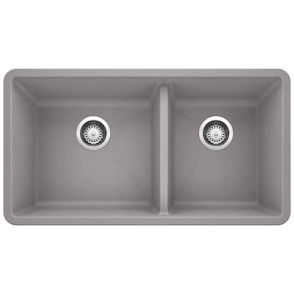 Blanco PRECIS Undermount Granite Composite 33 in. 60/40 Double Bowl Kitchen Sink in Metallic Gray