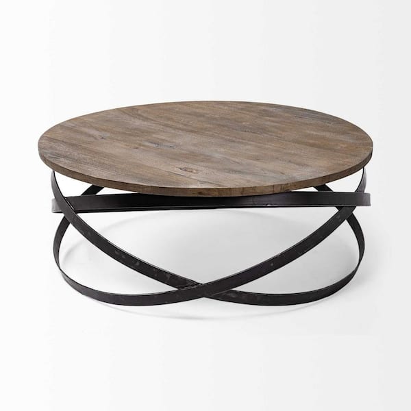 Black Metal Base Coffee Table 376275, Solid Wood Top Round Coffee Table