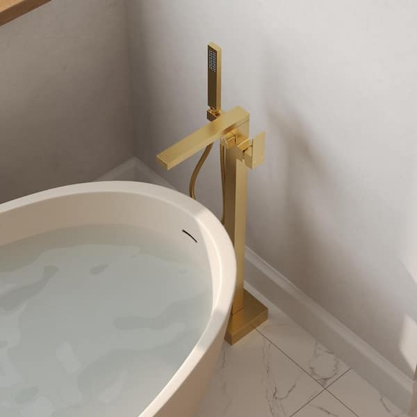 2-Handle Floor Mount Freestanding Tub Faucet with Hand Shower in Brushed Gold
