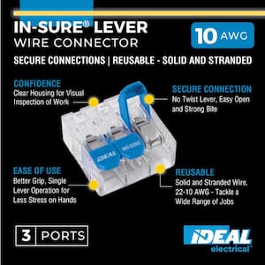 In-Sure Lever Wire Connector, Model L33 3-Port, 75/Box