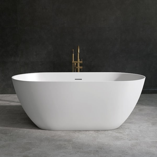 63 in. x 31.5 in. Solid Surface Tub Stone Resin Flatbottom Freestanding Soaking Bathtub With Overflow in Matte White