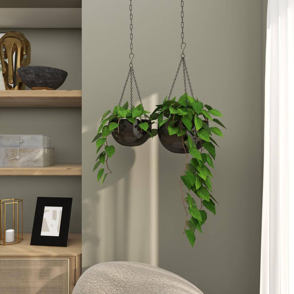 Set of 2 Black Iron Hanging Planters with Chains