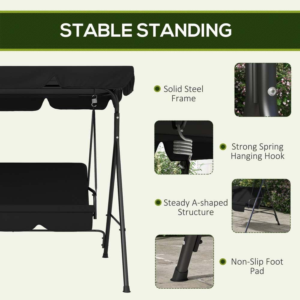 Black Steel Frame 3-Person Outdoor Patio Swing with Adjustable Canopy
