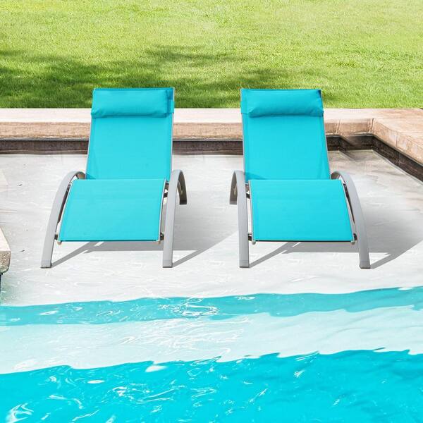 Patio Chaise Lounge Set, 2-Pieces Aluminum Adjustable Pool Lounge Chairs Blue