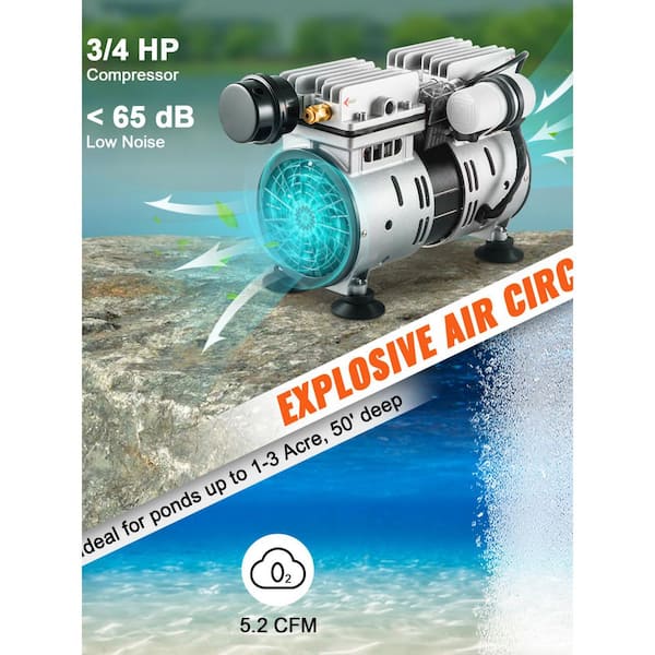 Pond Aerator, 550-Watt Power 5.2 CFM for Up to 3 Acre 50 ft. Lake Pond Aeration Kit Includes 3/4 HP Compressor and Timer