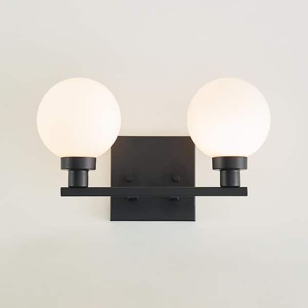 Generation Lighting - Studio Clybourn 13.25 in. 2-Light Midnight Black Vanity Light with Milk Glass Shades