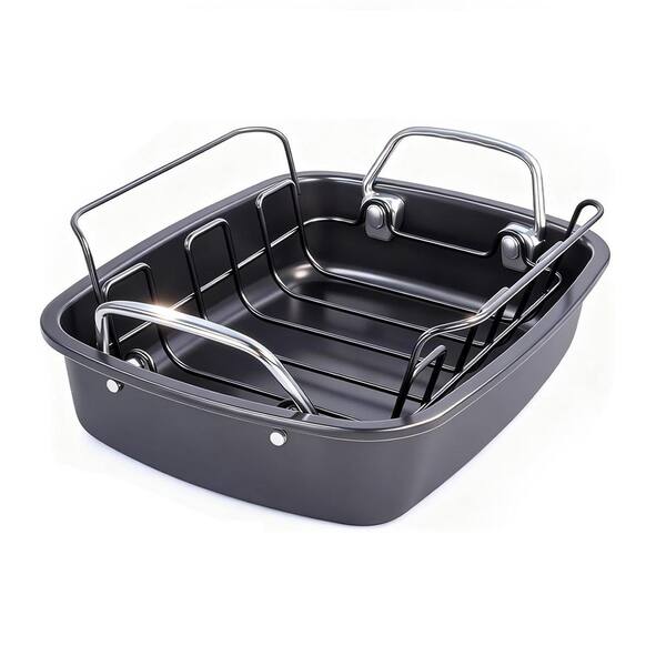 22 qt. Carbon Steel Nonstick Roasting Pan with Rack and Handles, 450°F Heat Resistant, Oil-Draining, Dishwasher Safe