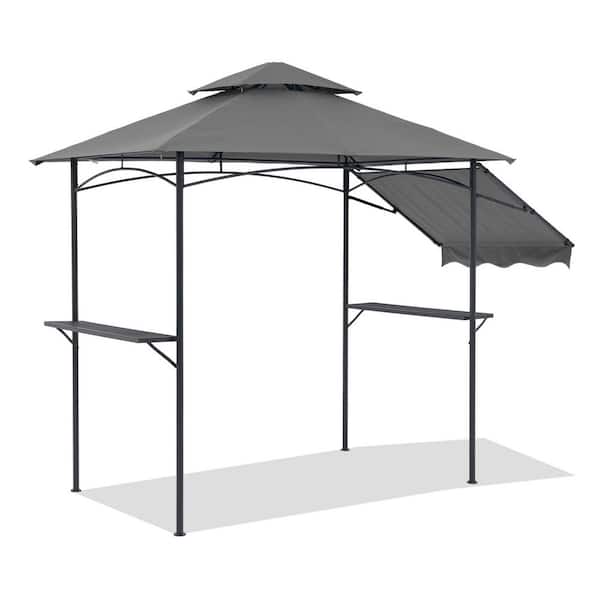 Grill Gazebo 8 ft. x 5 ft. Outdoor Patio Backyard BBQ Grill Shelter with Side Awning, Double Tiered, Gray