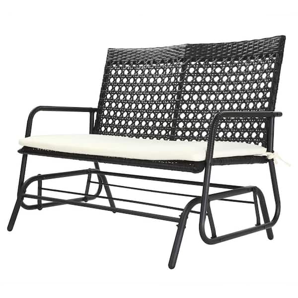 ANGELES HOME 47-1/4 in. W 2-Person Metal PE Wicker Outdoor Glider Bench with Beige Cushion