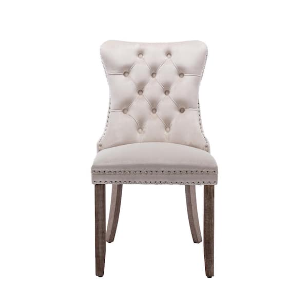 Unbranded Beige Tufted Solid Wood Contemporary Velvet Upholstered Dining Chairs (Set of 2)