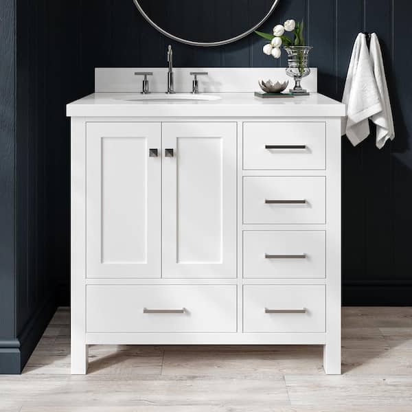 ARIEL Cambridge 37 in. W x 22 in. D x 36 in. H Vanity in White with Pure White Quartz Top