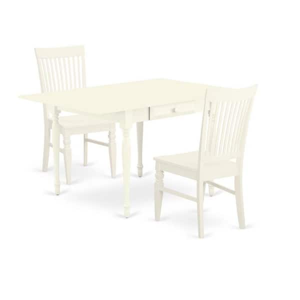 East West Furniture 3-Piece Linen White Finish Solid Wood Top with Dropleaf Dining Table Set