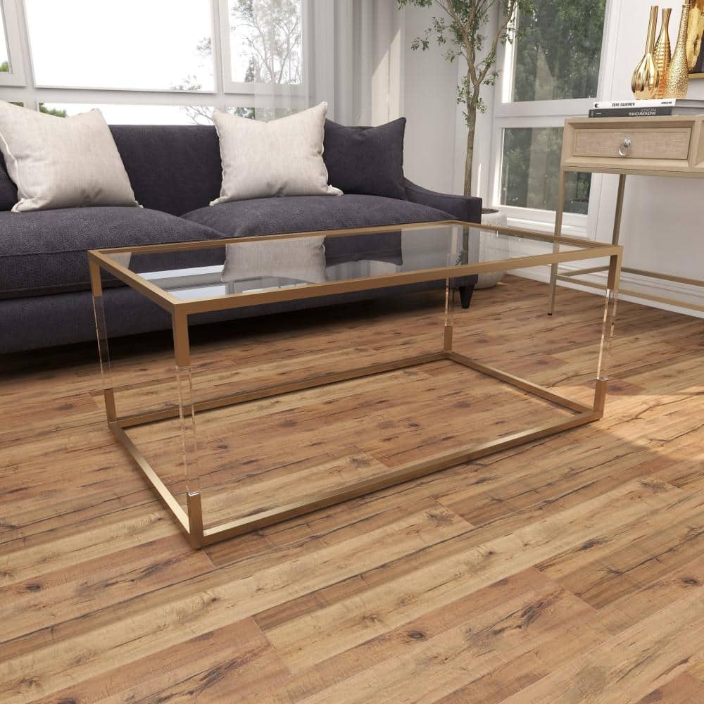 Elegant Gold and Clear Rectangular Outdoor Coffee Table with Acrylic Legs