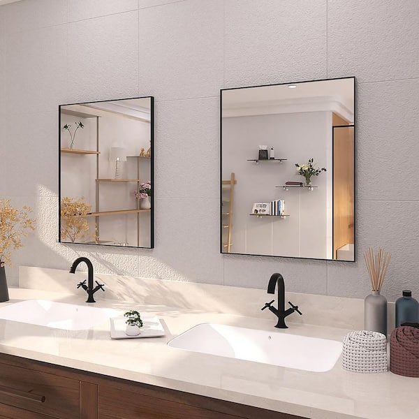 24 in. W x 30 in. H Rectangular Framed Wall Bathroom Vanity Mirror in Matte Black