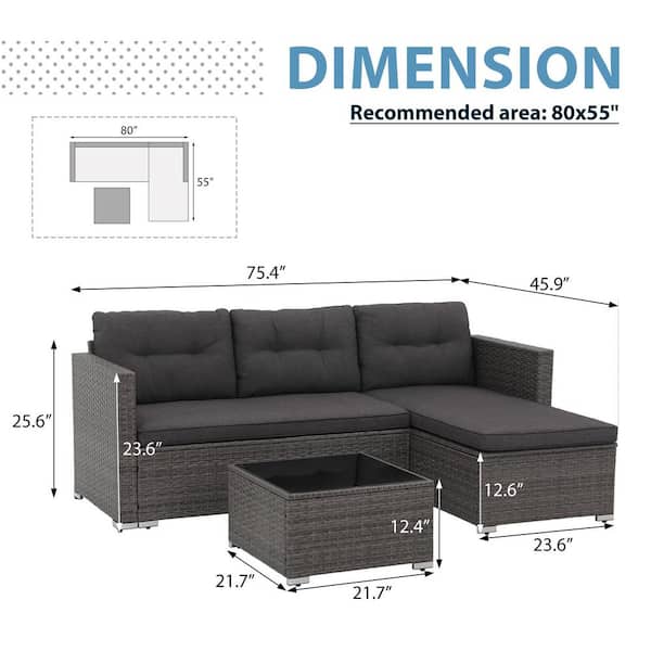 Joivi Grey 3-Piece Wicker Outdoor Sectional Set with Dark Grey Cushions