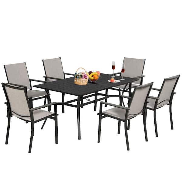 MEOOEM 7-piece Outdoor Dining Set, 6 Patio Chairs and Metal Rectangle Dining Table with 1.57 inches Umbrella Hol