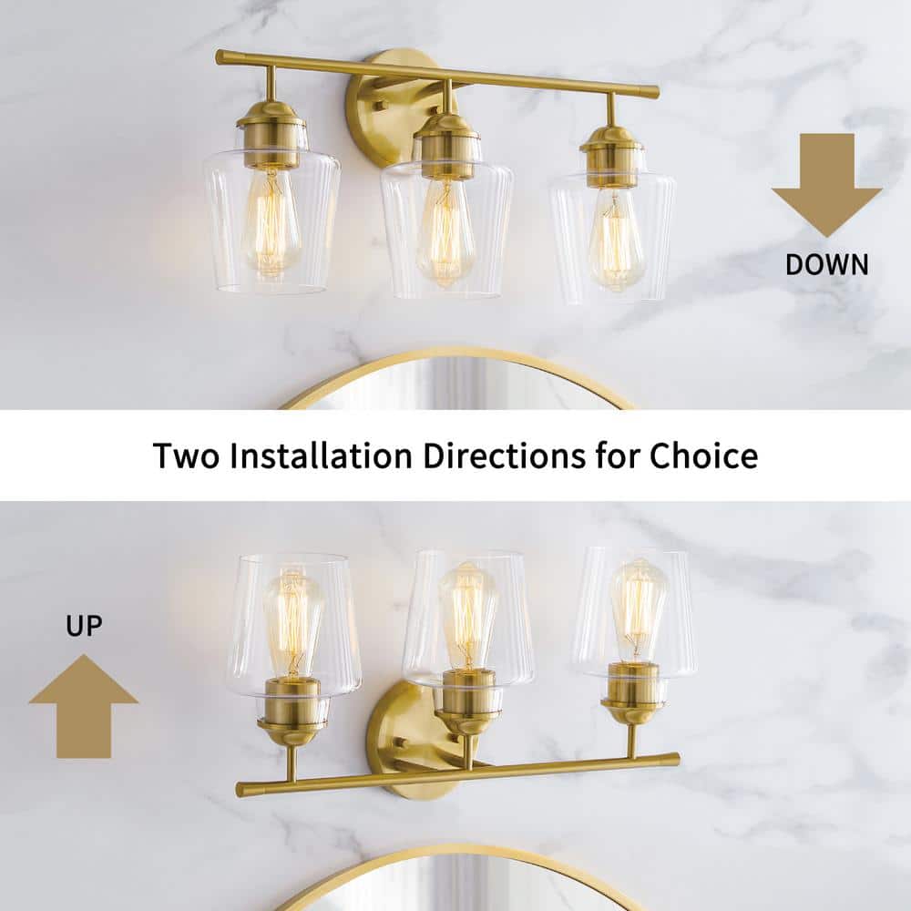 Antique Brass 3-Light Dimmable Bathroom Vanity Light with Clear Glass Shades