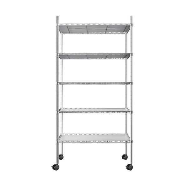48.00 in. W Chrome 5-Tier Metal Pantry Organizer, Adjustable Metal Storage Shelves with Wheels