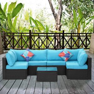 Black 7-Piece Wicker Outdoor Dining Set with Blue Cushion