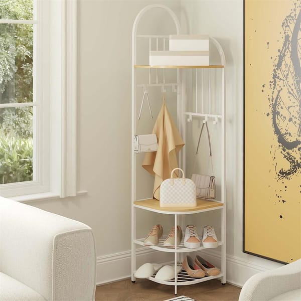 4-Tier Coat Rack Corner Hall Tree with Shoe Storage Bench 6 Removable Hooks Bedroom Natural