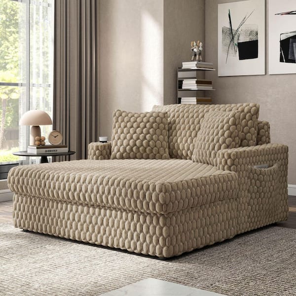 Nattel Light Brown Chenille Cushion Back and 2 Track Arms Chaise Lounge with Cup Holders