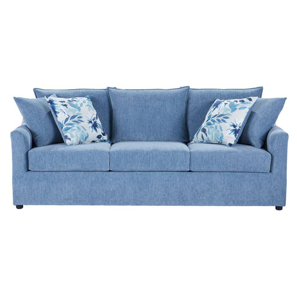 Front view of a slate blue 3-seater sofa with floral pillows.