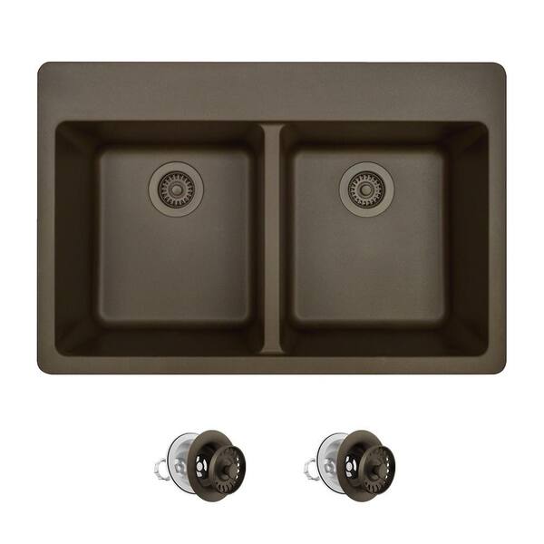 MR Direct Mocha Quartz Granite 33 in. Double Bowl Drop-In Kitchen Sink with Matching Strainers