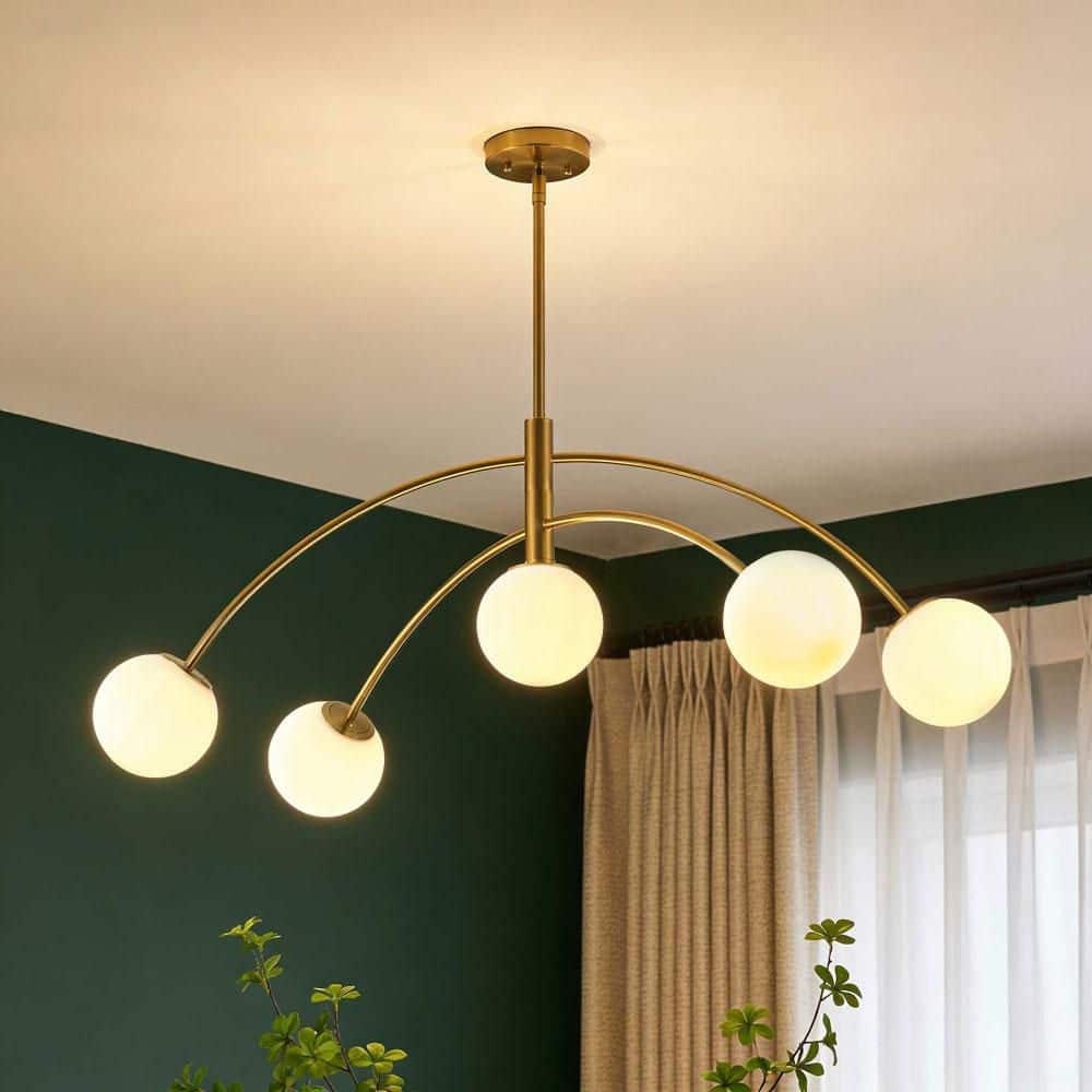 27.56 in. 5-Light Modern Brass Chandelier Sputnik Hanging Ceiling Light Fixture with Milk Glass Globe Shades price history on PriceWatchPro