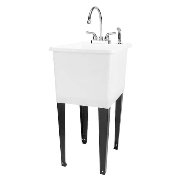 TEHILA 17.75 in. x 23.25 in. Thermoplastic Freestanding Space Saver Utility Sink in White - Chrome Faucet, Side Sprayer