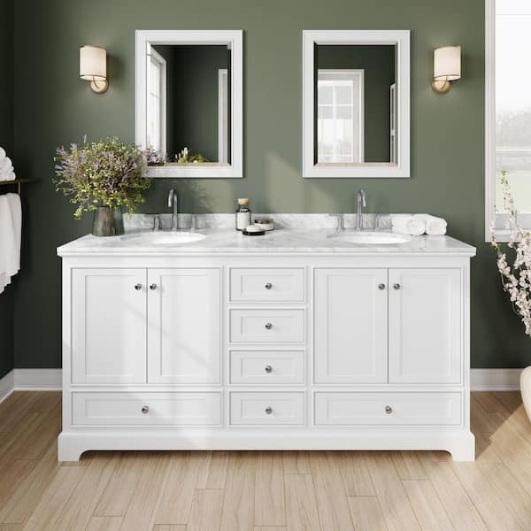 Wyndham Collection Deborah 72 in. Double Vanity in White with Marble Vanity Top in White Carrara with White Basins and 24 in. Mirrors
