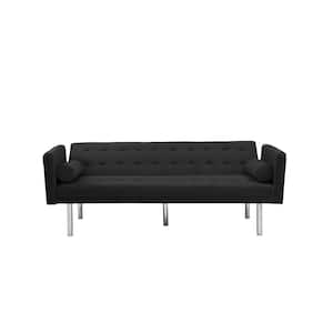68 in. Width Black Solid Velvet Twin Size Sofa Bed with 2-Pillows