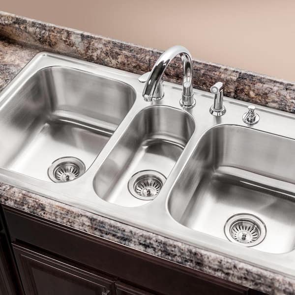 Houzer Premier 41 in. Stainless Steel Topmount 4-hole Triple Bowl Kitchen Sink with Strainer and Grid - PGT-4322-C