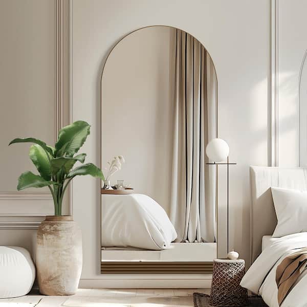 Lirago 31 in. W x 71 in. H Full-Length Arched Wood Frame Wall Mirror with Striped Wooden Base in Brown