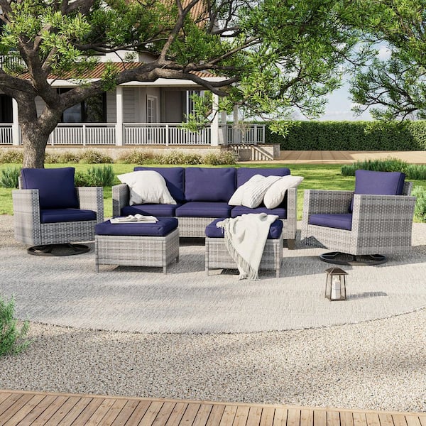 JOYESERY 5-Piece Patio Outdoor Grey Wicker Conversation Seating Set Thickening With Swiveling Rocker, Navy Blue Cushion