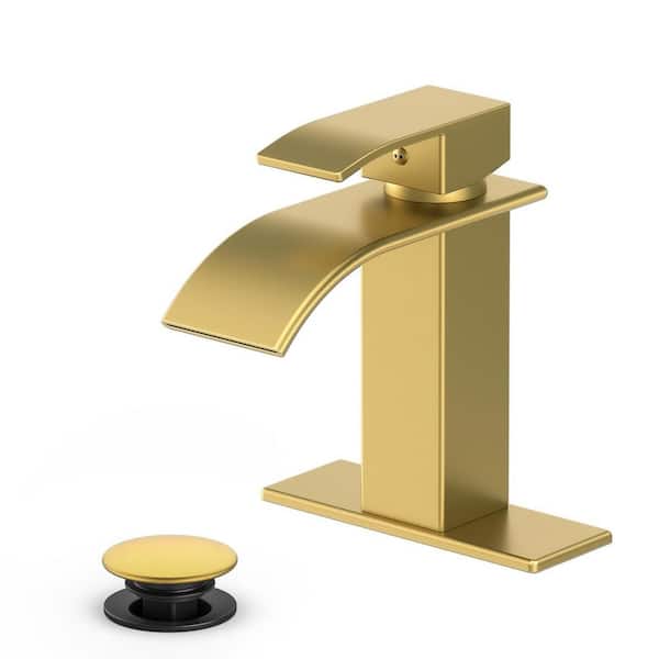 1-Piece Bathroom Accessory Set with Waterfall Single Handle Faucet for 1 or 3 Holes and Drain Assembly in Brushed Gold