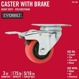 3 in. Red Polyurethane and Steel Swivel Plate Caster with Locking Brake and 175 lb. Load Rating