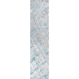 Slant Modern Abstract Gray/Turquoise 2 ft. x 8 ft. Runner Rug