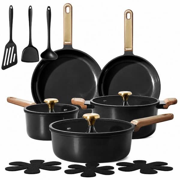 16-Piece Black Aluminum Cookware Set with Lids, RV/Camping Cookware Set, Pots and Pans Set, Nonstick, Dishwasher